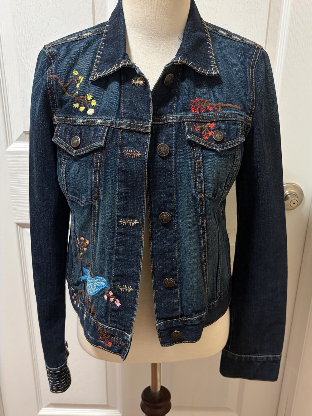 Embroidered Dark Wash Denim Jacket - Blue